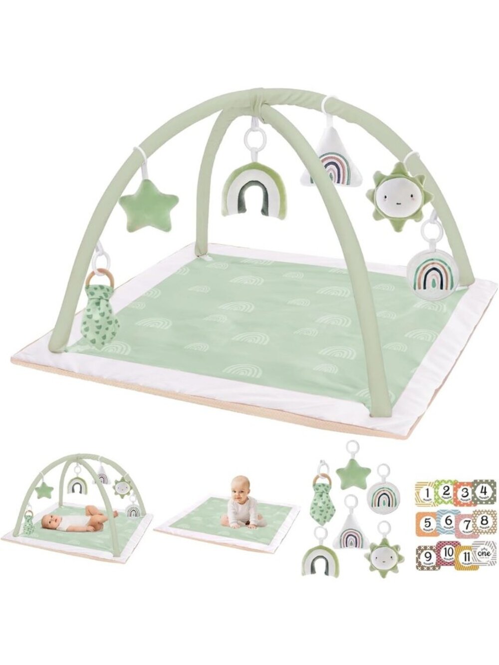 Washable Tummy Time Mat & Baby Play Gym with 6 Toys, Deluxe Infant Play Mat